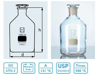 DURAN Reagent Bottle, Narrow Neck, Neck with Standard Ground Joint, with Standard Ground Glass Flat-Head Stopper