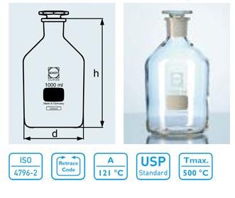 DURAN Reagent Bottle, Narrow Neck, Neck with Standard Ground Joint, with Standard Ground Glass Flat-Head Stopper DURAN Reagent Bottle, Narrow Neck, Neck with Standard Ground Joint, with Standard Ground Glass Flat-Head Stopper