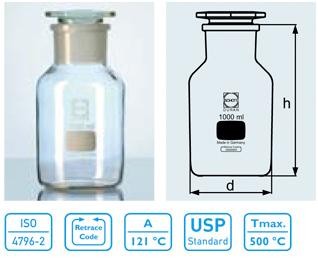 DURAN Reagent Bottle, Wide Neck, Neck with Standard Ground Joint, with Standard Ground Glass Flat-Head Stopper