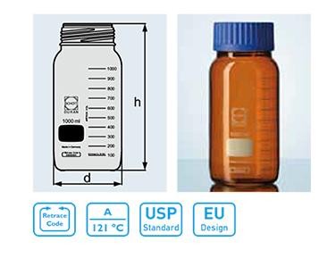 Frasco de Laboratório GLS 80 Duran Gargalo Largo Âmbar com Rosca GLS 80